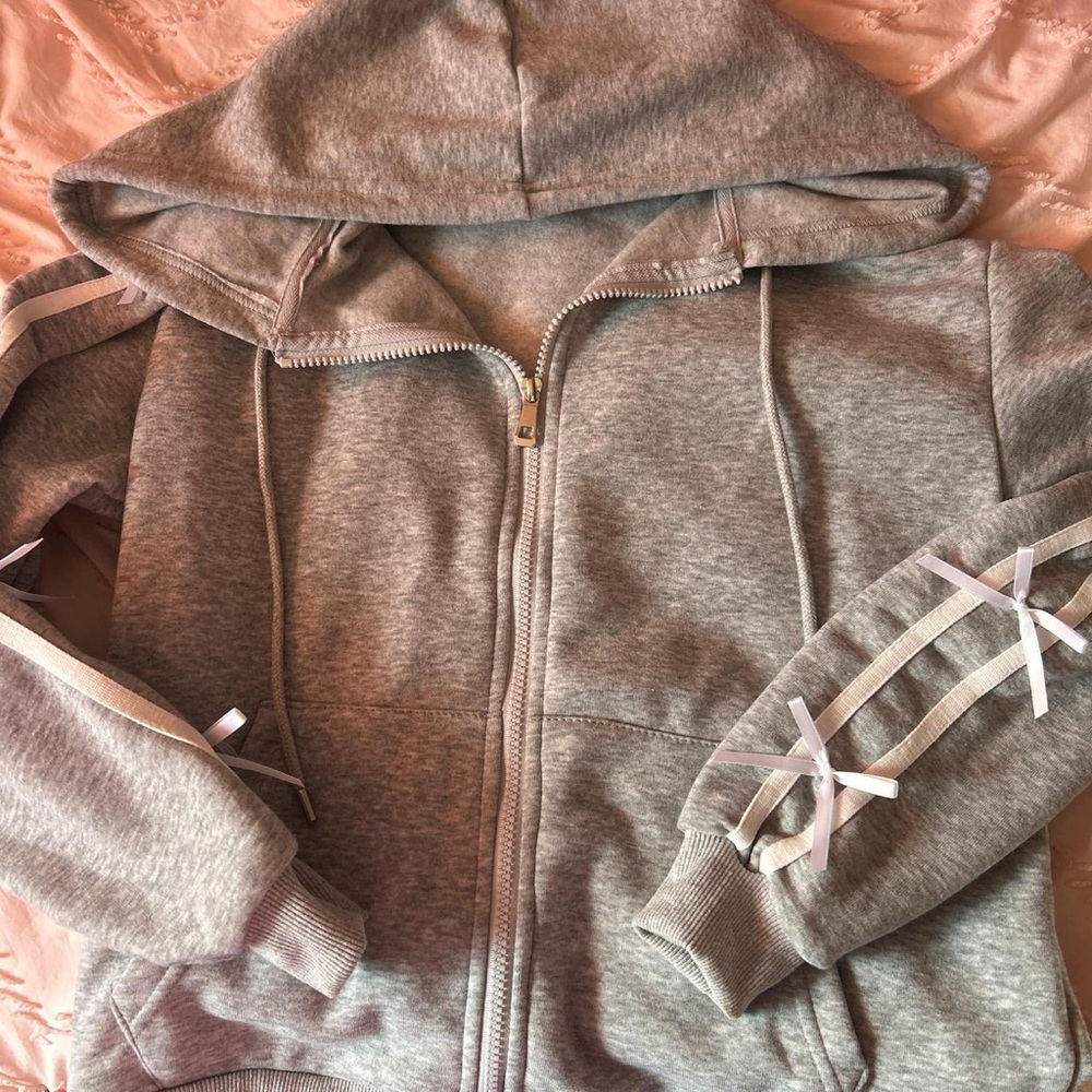 Gray Hoodie with Ribbon Details